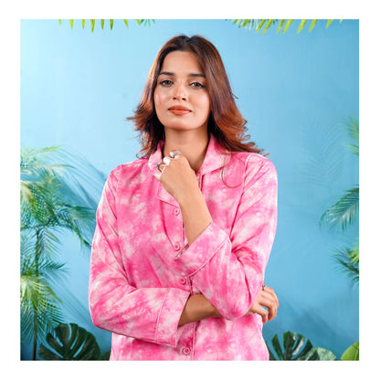 Basix Women's���s Tie & Die Digital Crepe Loungewear Dress, 2-Piece Pajamas Set, Pink & White, LW-651