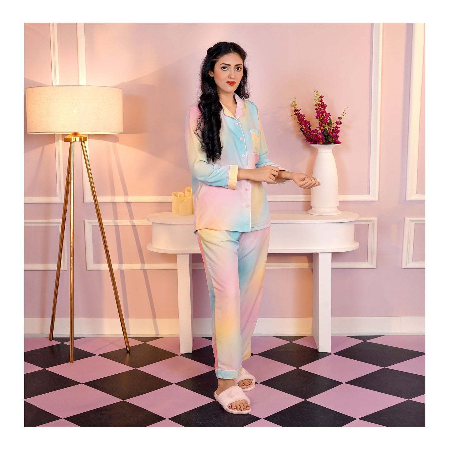 Basix Women's Digital Crepe Loungewear Set, Pink, Turquoise & Lemon, LW-652