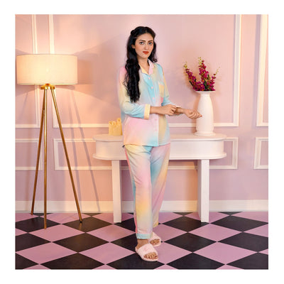 Basix Women's Digital Crepe Loungewear Set, Pink, Turquoise & Lemon, LW-652