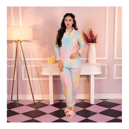 Basix Women's Digital Crepe Loungewear Set, Pink, Turquoise & Lemon, LW-652
