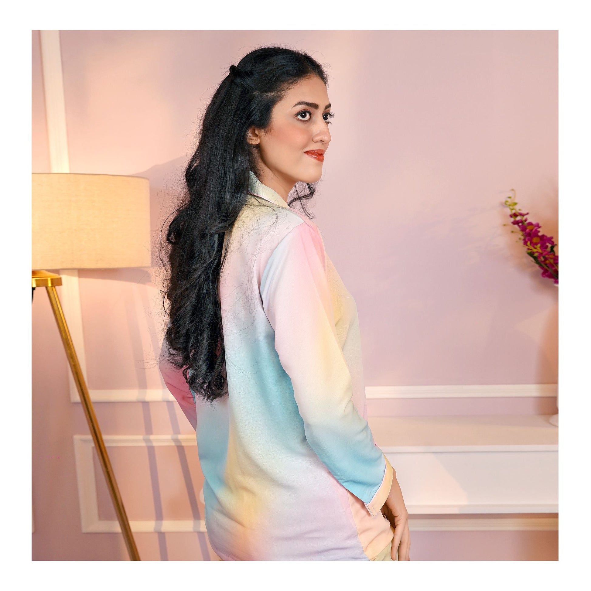 Basix Women's Digital Crepe Loungewear Set, Pink, Turquoise & Lemon, LW-652