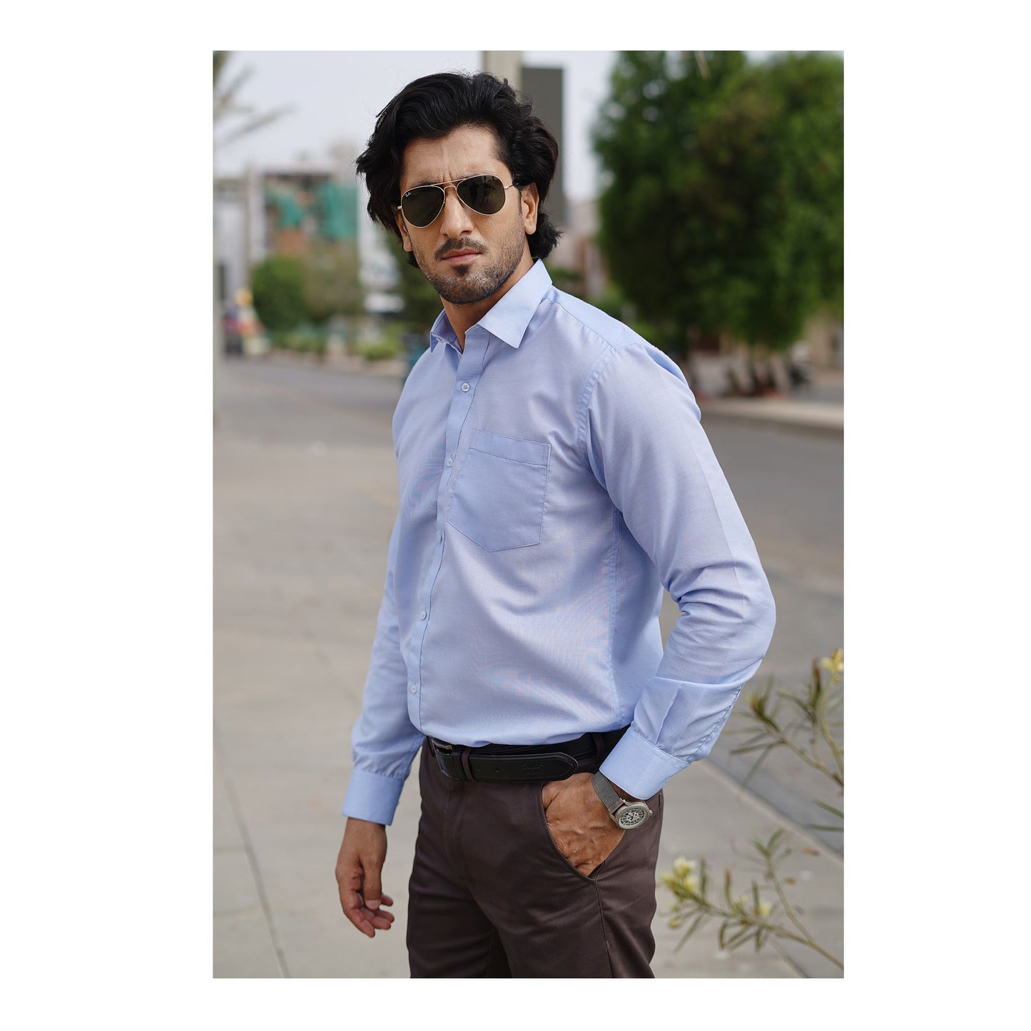 Basix Men's Textured Fabric Shirt, Sky Blue, MFS-111