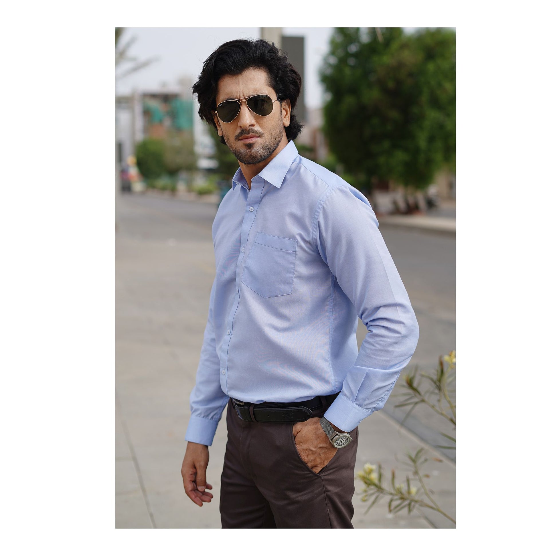 Basix Men's Textured Fabric Shirt, Sky Blue, MFS-111