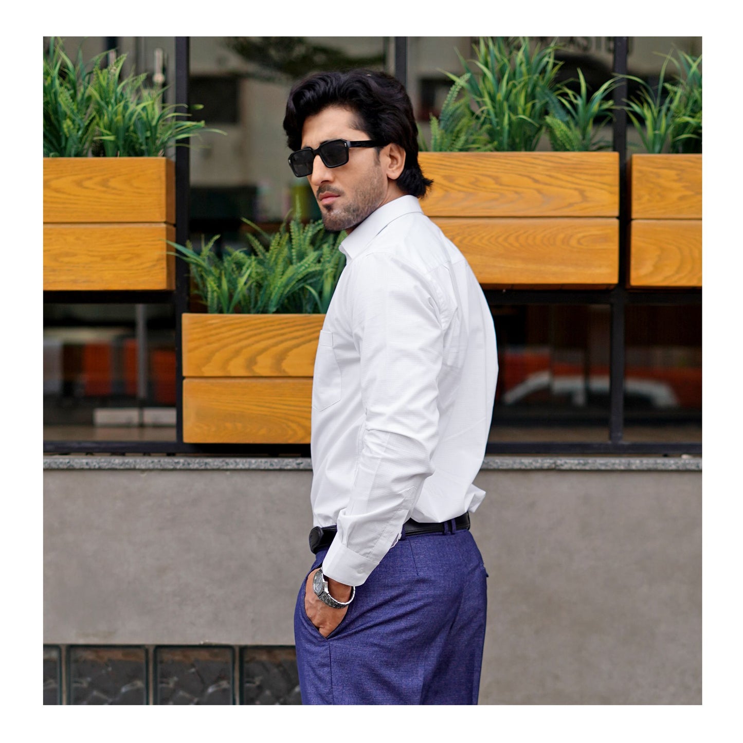 Basix Men's Cotton Wrinkle-Resistant Dobby Texture Shirt, White, MFS-112