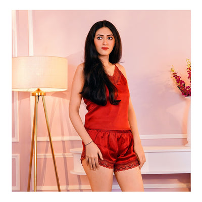 Basix Women's Camisole & Shorts Set Nightdress with Lace  Maroon  CS-121