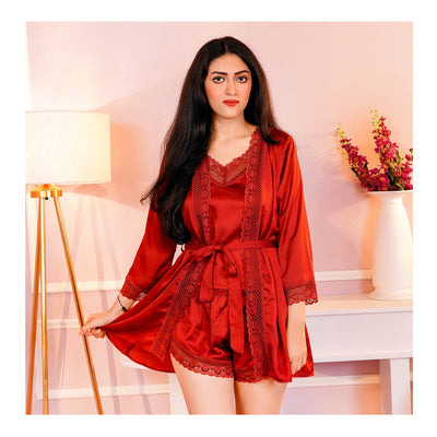 Basix Women's 3-Piece Nighty Set with Robe, Camisole & Shorts, Maroon, CB-205