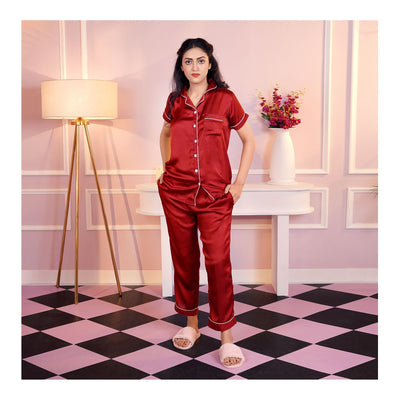 Basix Women's Silk Pajama Set Night Suit  Maroon  SW-114
