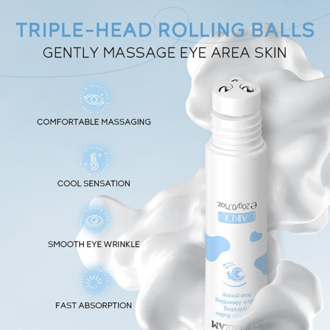 Laikou Roll & Glow Milk Eye Cream, Triple Eye Roller Facial Massage Tool for Dark Circles, Puffiness, 20g, LK97554C