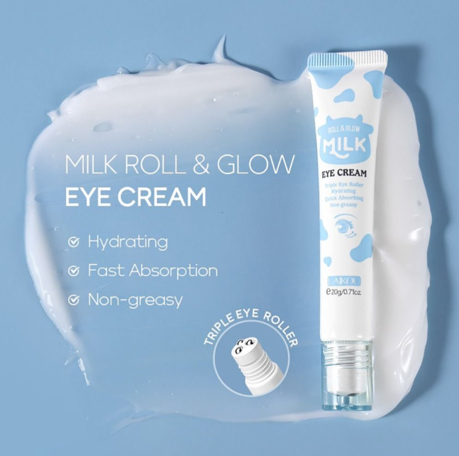 Laikou Roll & Glow Milk Eye Cream, Triple Eye Roller Facial Massage Tool for Dark Circles, Puffiness, 20g, LK97554C
