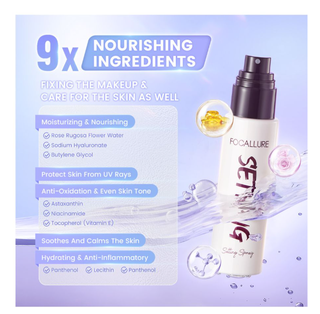 Focallure Flawless Long-Lasting Setting Spray, Niacinamide, Vitamin E, SP01, FA-352, EN-FA-352-SP01-1