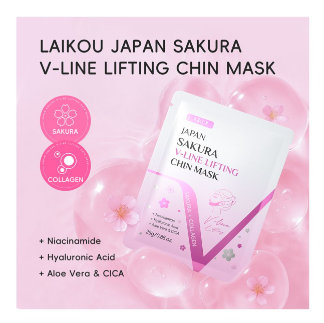 Laikou Japan Sakura V-Line Lifting Chin Sheet Mask, Niacinamide, Hyaluronic Acid, Aloe Vera, For All Face Shapes, 25g, LK33781A
