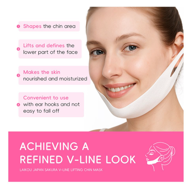Laikou Japan Sakura V-Line Lifting Chin Sheet Mask, Niacinamide, Hyaluronic Acid, Aloe Vera, For All Face Shapes, 25g, LK33781A
