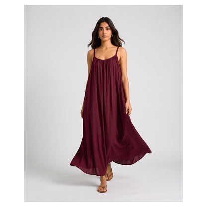 Basix Backless A-Line Gathered Maxi With Adjustable Straps & Tie Back,  Burgundy,  Free Size,  BM-101