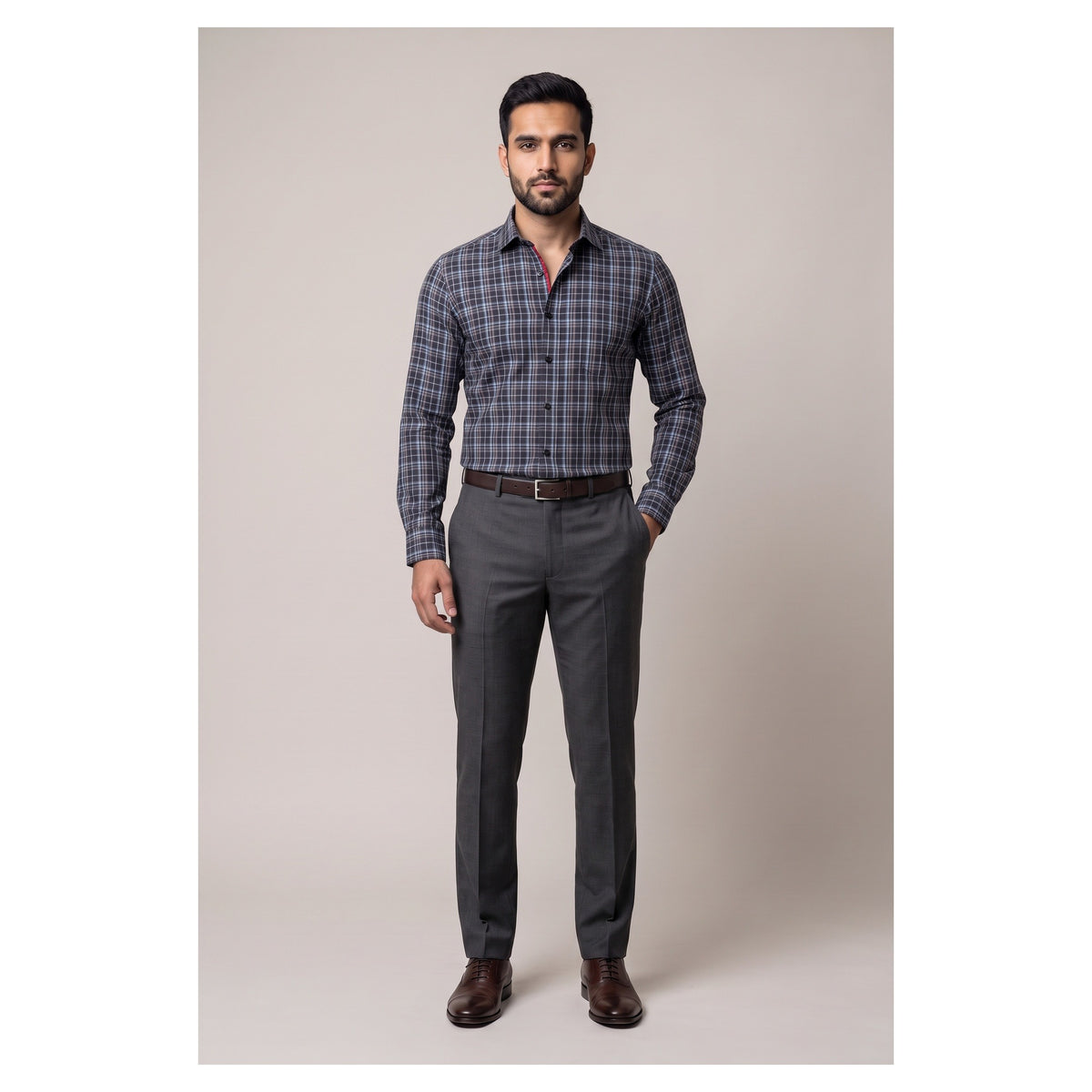 Basix Men's Casual Printed Check Shirt Dark Grey CS-03