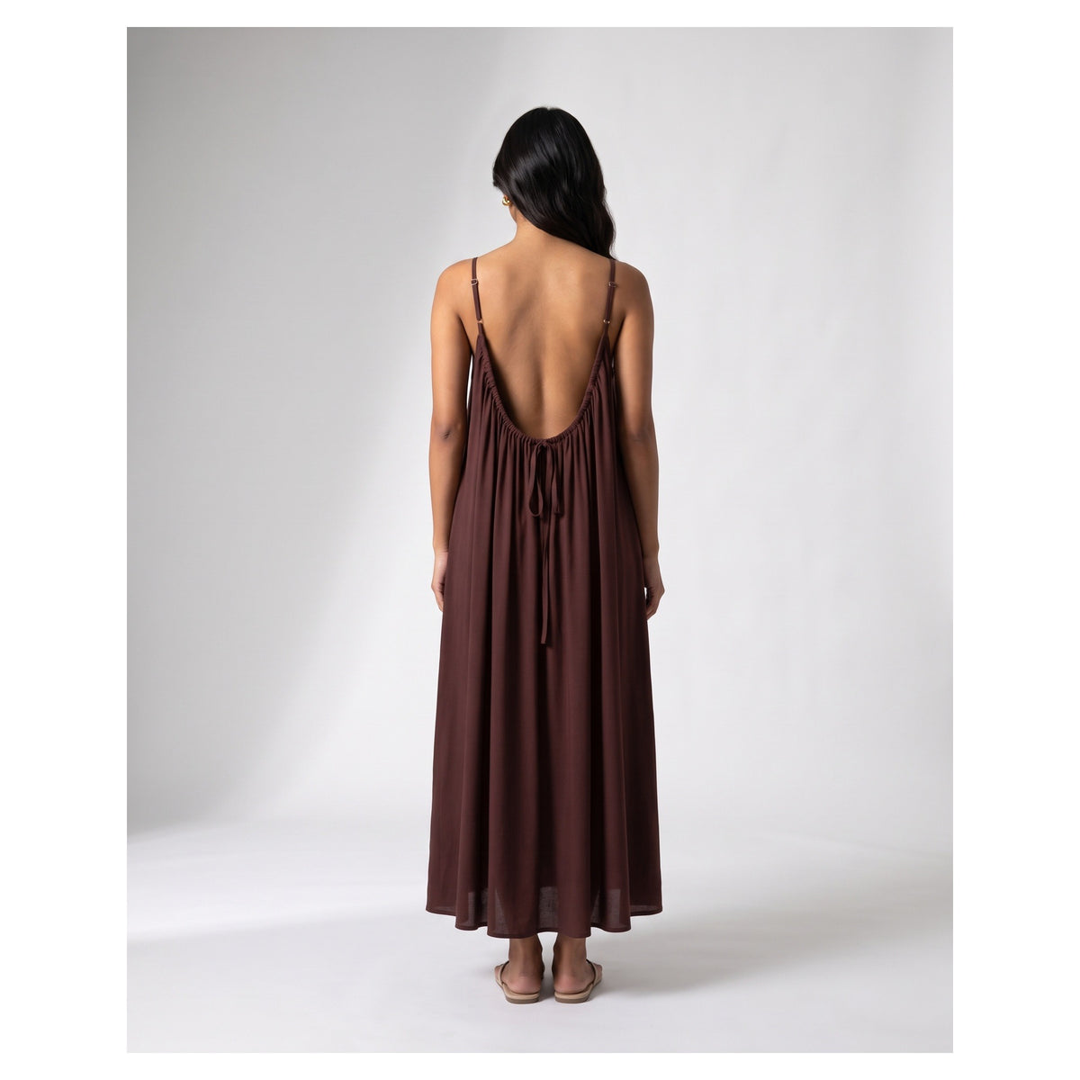Basix Backless A-Line Gathered Maxi With Adjustable Straps & Tie Back Chocolate Brown Free Size BM-105