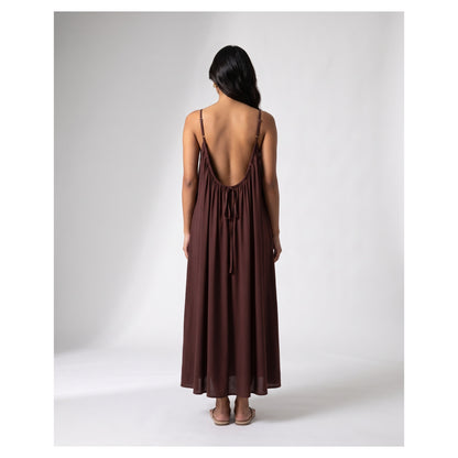 Basix Backless A-Line Gathered Maxi With Adjustable Straps & Tie Back Chocolate Brown Free Size BM-105