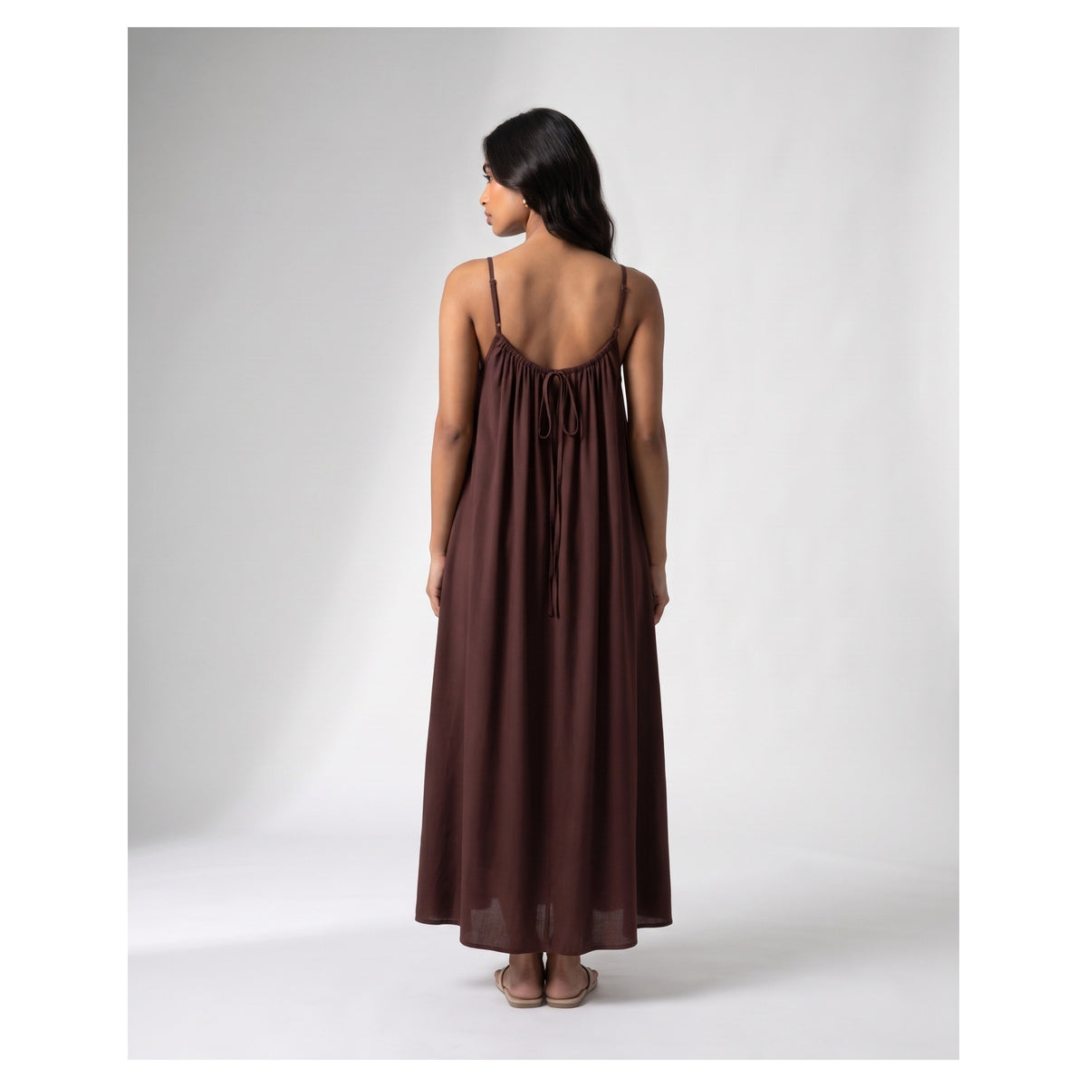 Basix Backless A-Line Gathered Maxi With Adjustable Straps & Tie Back Chocolate Brown Free Size BM-105