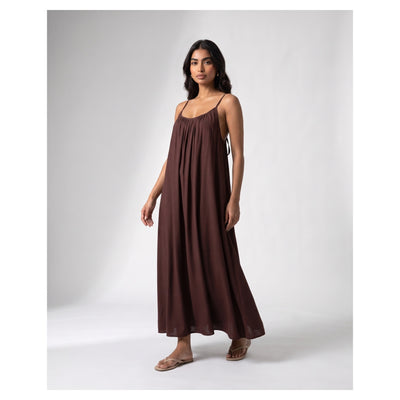 Basix Backless A-Line Gathered Maxi With Adjustable Straps & Tie Back Chocolate Brown Free Size BM-105