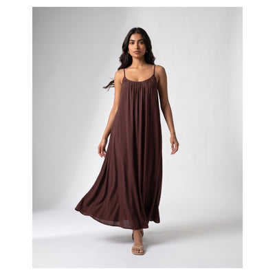 Basix Backless A-Line Gathered Maxi With Adjustable Straps & Tie Back Chocolate Brown Free Size BM-105