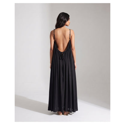 Basix Backless A-Line Gathered Maxi With Adjustable Straps & Tie Back Black Free Size BM-106