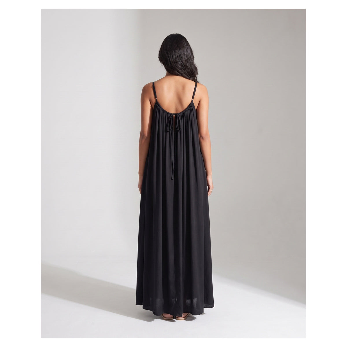Basix Backless A-Line Gathered Maxi With Adjustable Straps & Tie Back Black Free Size BM-106