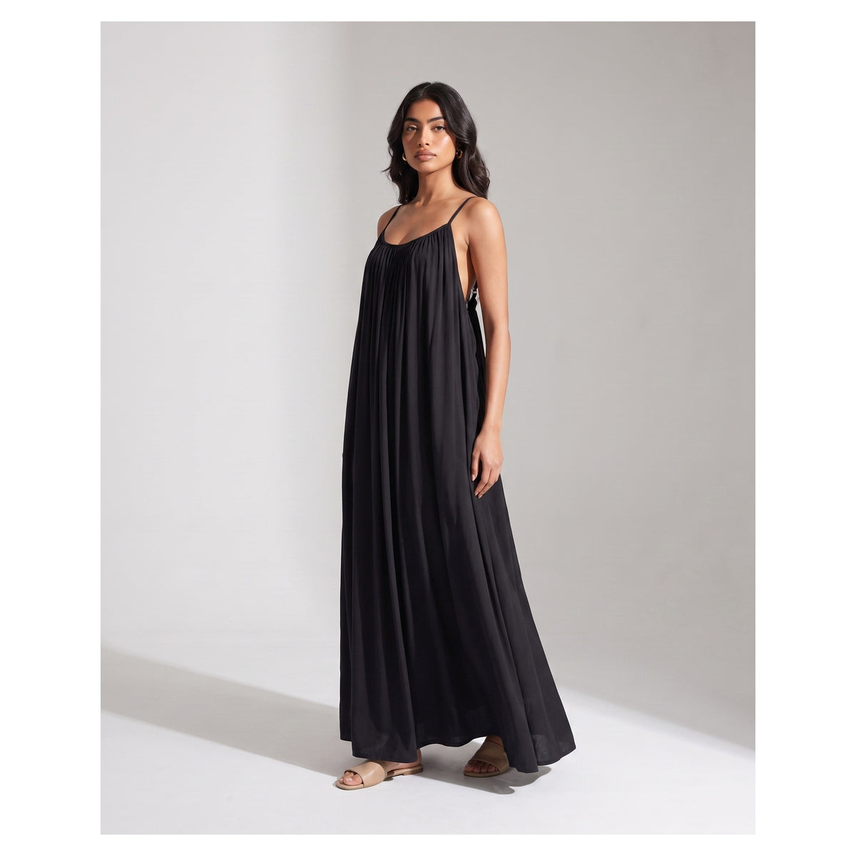 Basix Backless A-Line Gathered Maxi With Adjustable Straps & Tie Back Black Free Size BM-106