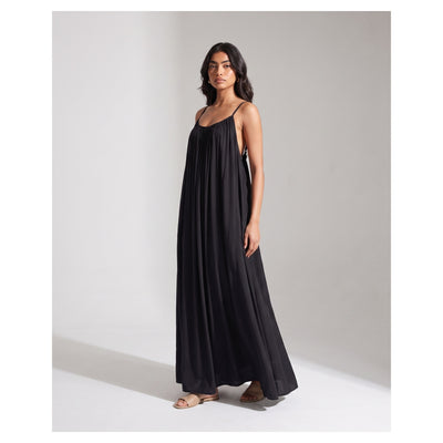 Basix Backless A-Line Gathered Maxi With Adjustable Straps & Tie Back Black Free Size BM-106