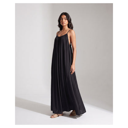 Basix Backless A-Line Gathered Maxi With Adjustable Straps & Tie Back Black Free Size BM-106
