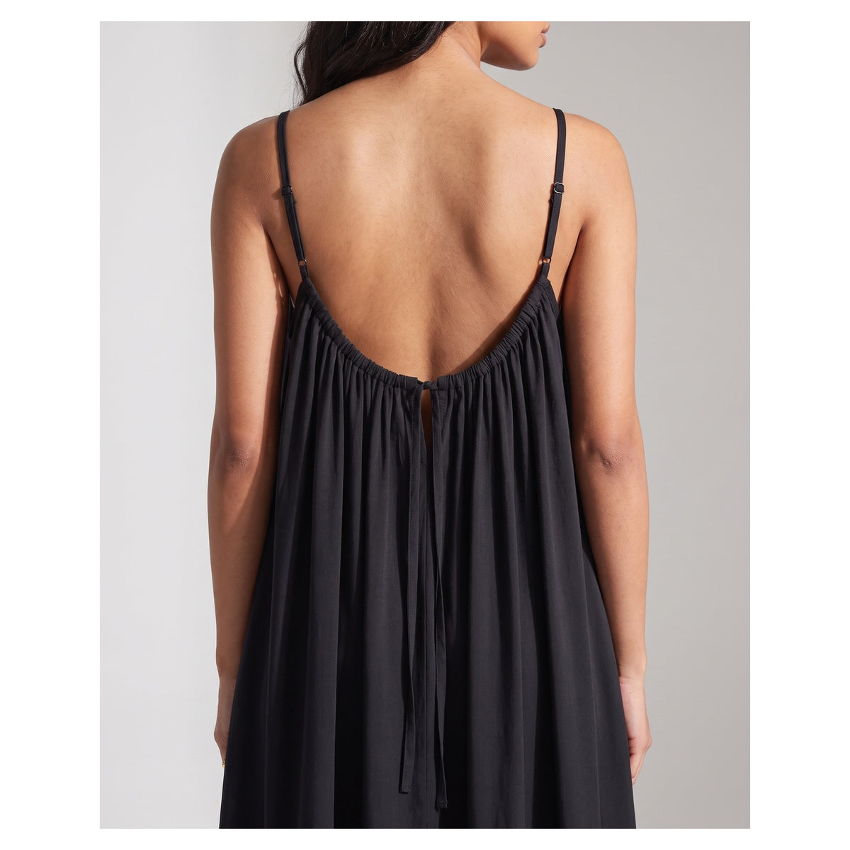 Basix Backless A-Line Gathered Maxi With Adjustable Straps & Tie Back Black Free Size BM-106