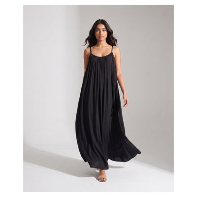 Basix Backless A-Line Gathered Maxi With Adjustable Straps & Tie Back Black Free Size BM-106