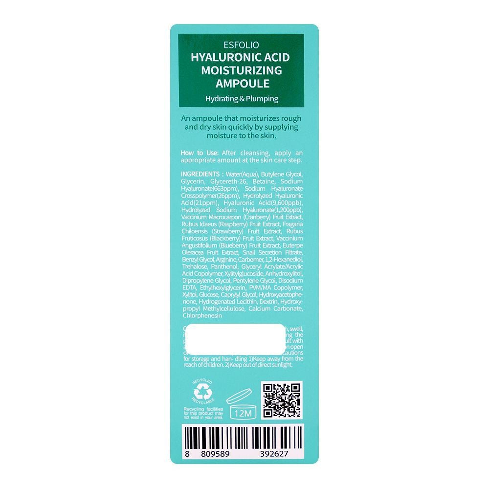 Esfolio Hyaluronic Acid Moisturizing Sodium Hyaluronate Ampoule, 30ml