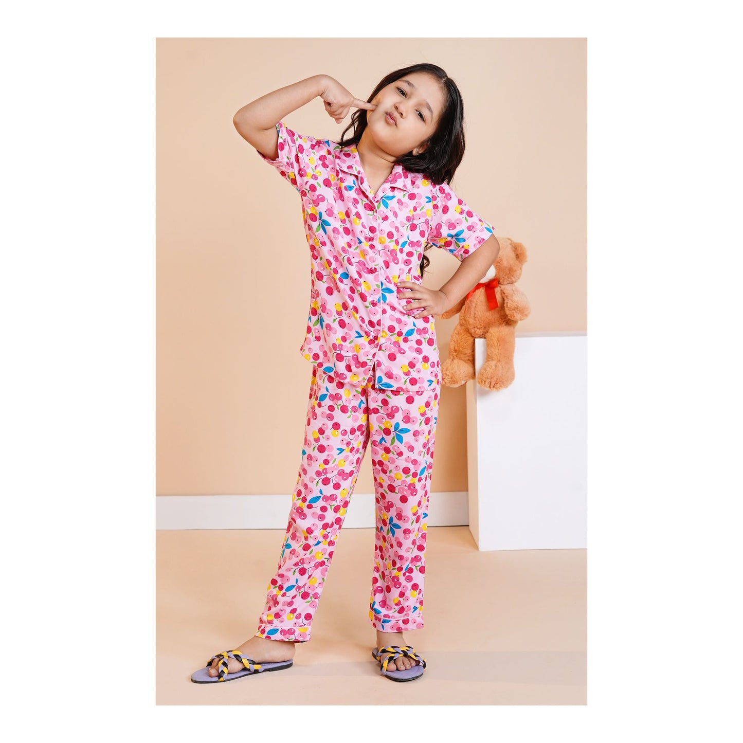 Basix Light & Dark Pink Cherries Short Sleeves Nightwear, 2-Piece Set, GRL-180