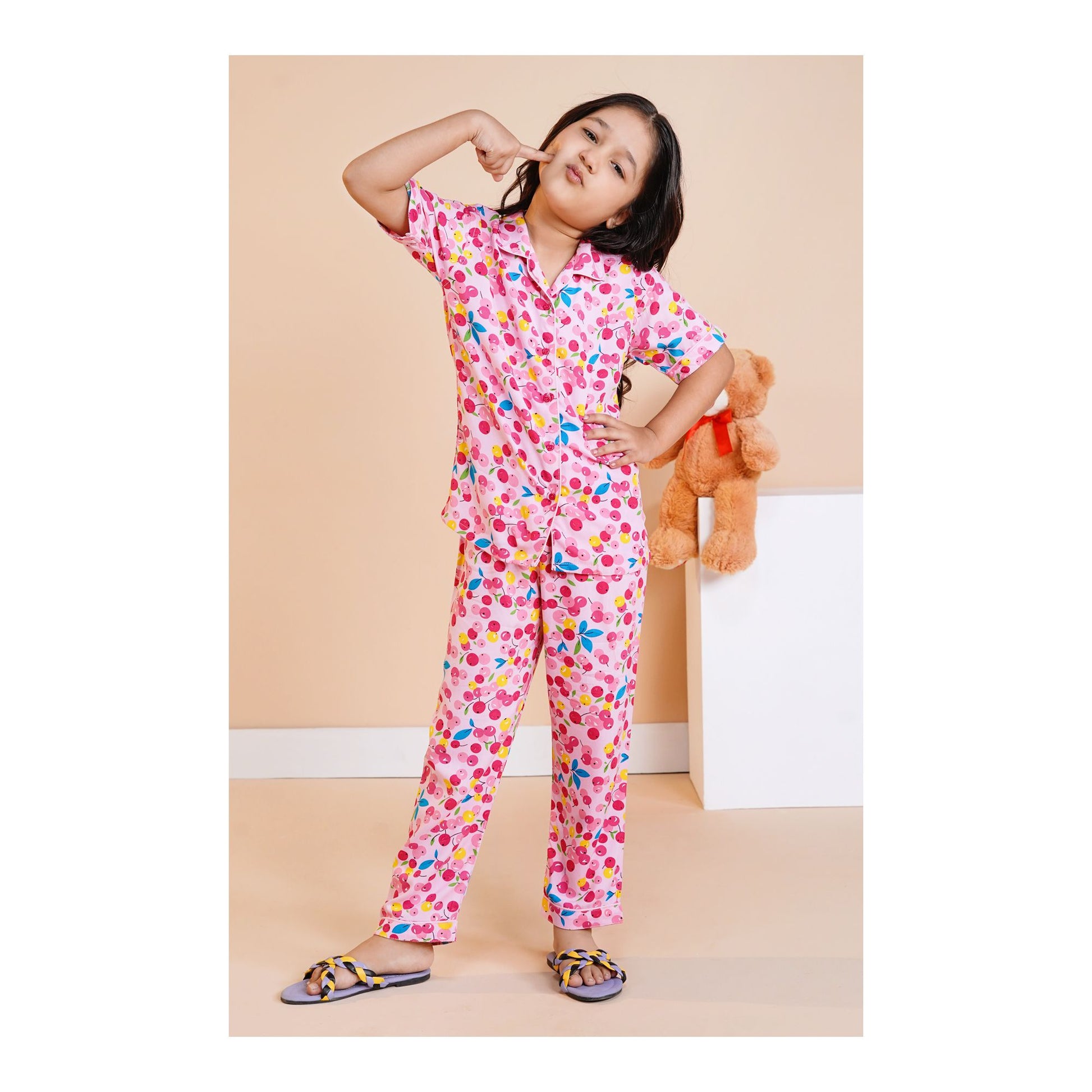 Basix Light & Dark Pink Cherries Short Sleeves Nightwear, 2-Piece Set, GRL-180