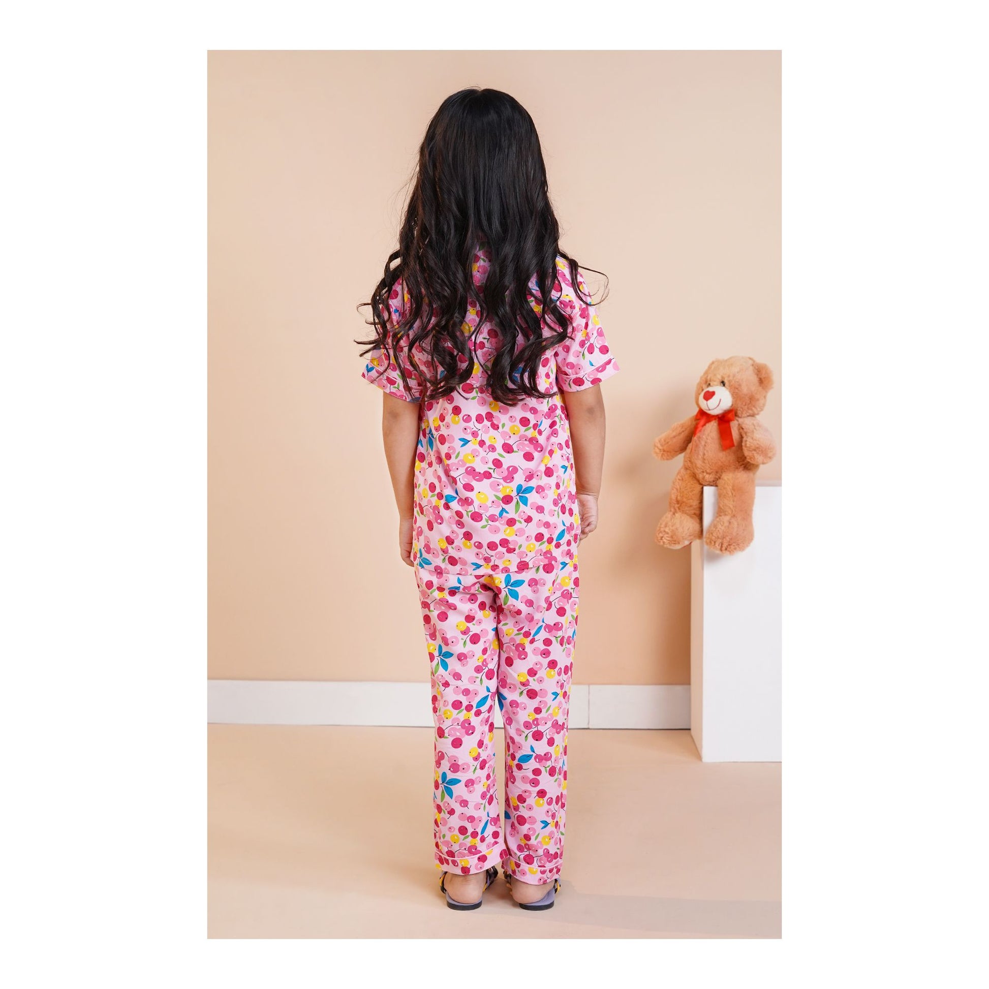 Basix Light & Dark Pink Cherries Short Sleeves Nightwear, 2-Piece Set, GRL-180