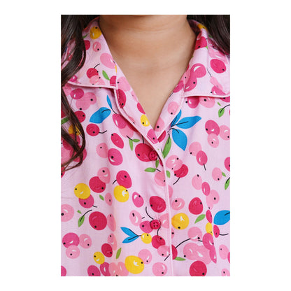 Basix Light & Dark Pink Cherries Short Sleeves Nightwear, 2-Piece Set, GRL-180