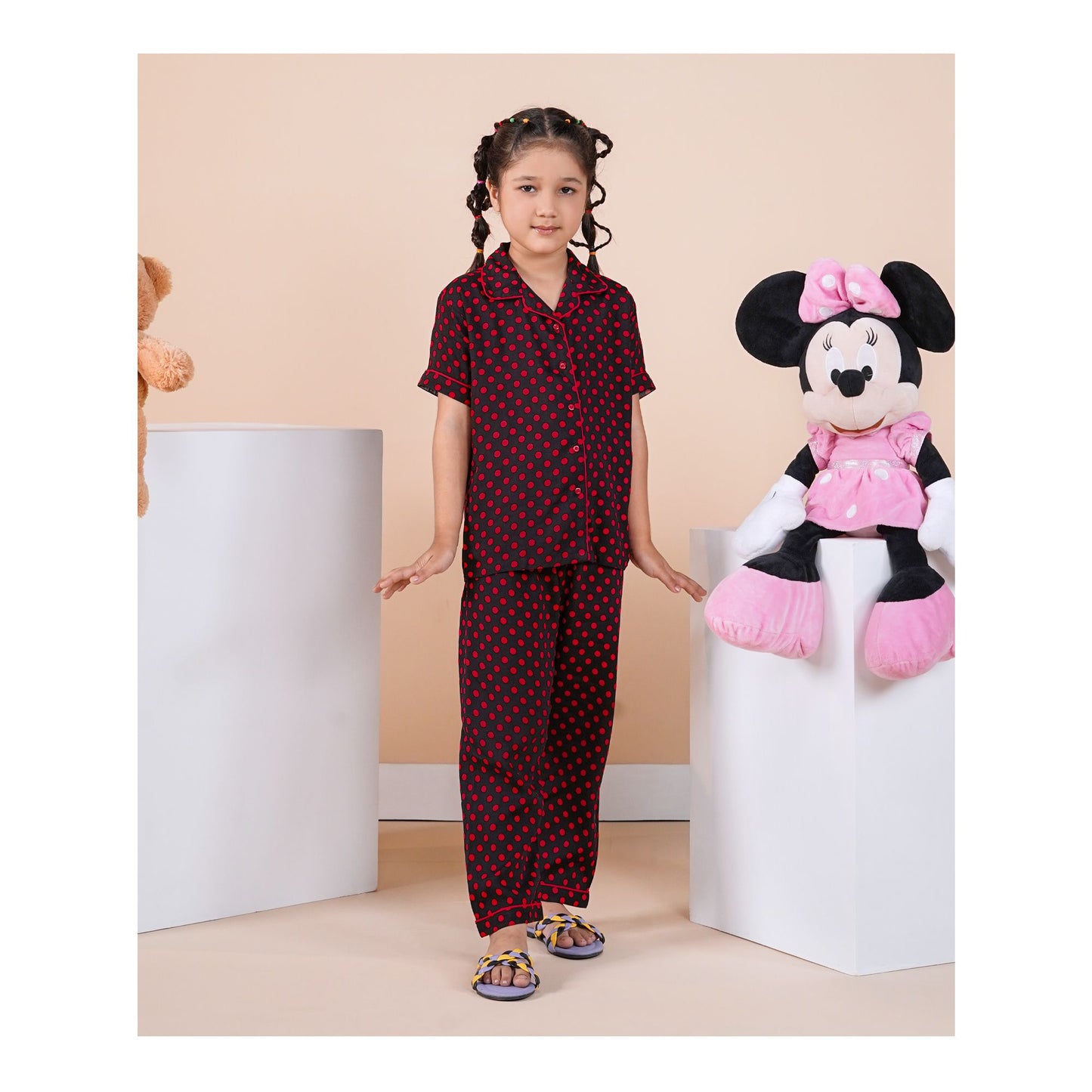 Basix Black & Red Polka Dots Short Sleeves Nightwear, 2-Piece Set, GRL-182