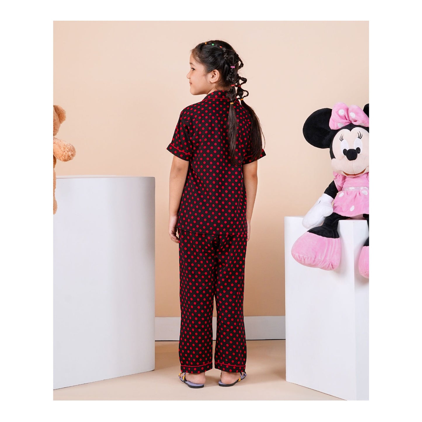 Basix Black & Red Polka Dots Short Sleeves Nightwear, 2-Piece Set, GRL-182