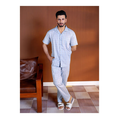 Basix Men's Sky Blue & White Checkered Short Sleeves Loungewear  2-Piece Set  LW-828