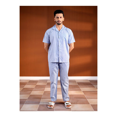 Basix Men's Blue & White Stripes Short Sleeves Loungewear  2-Piece Set  LW-829