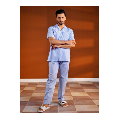 Basix Men's Sky Blue Braod & White Pin Stripes Short Sleeves Loungewear  2-Piece Set  LW-831