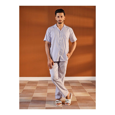 Basix Men's Powder Blue & Lilac Checkered Short Sleeves Loungewear  2-Piece Set  LW-832