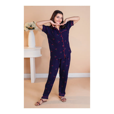 Basix Girl's Navy Blue With Red Cherries Short Sleeves Nightwear  2-Piece Set  GRL-185