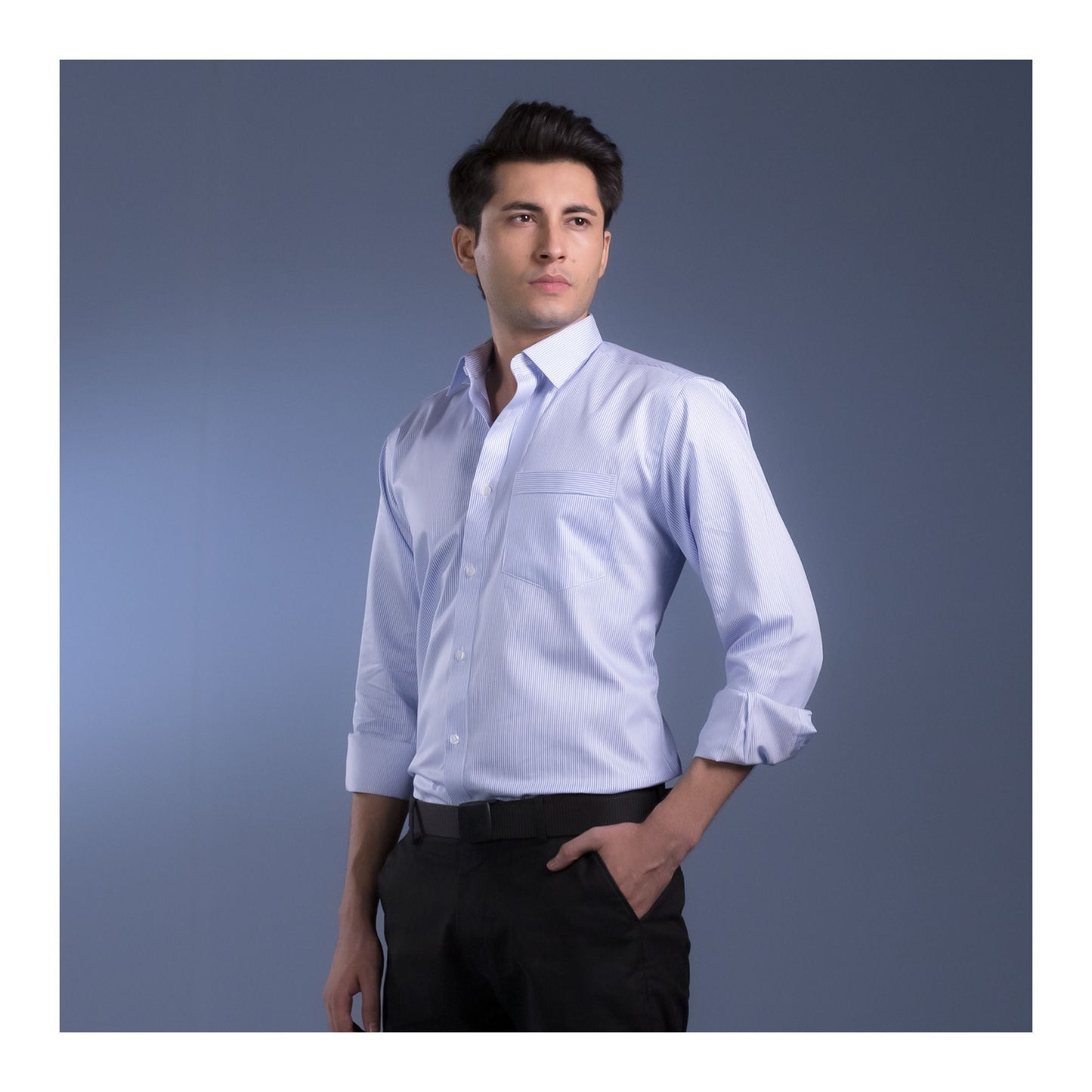 Basix Men's Thin Striped Shirt  Sky Blue & White  MFS-106