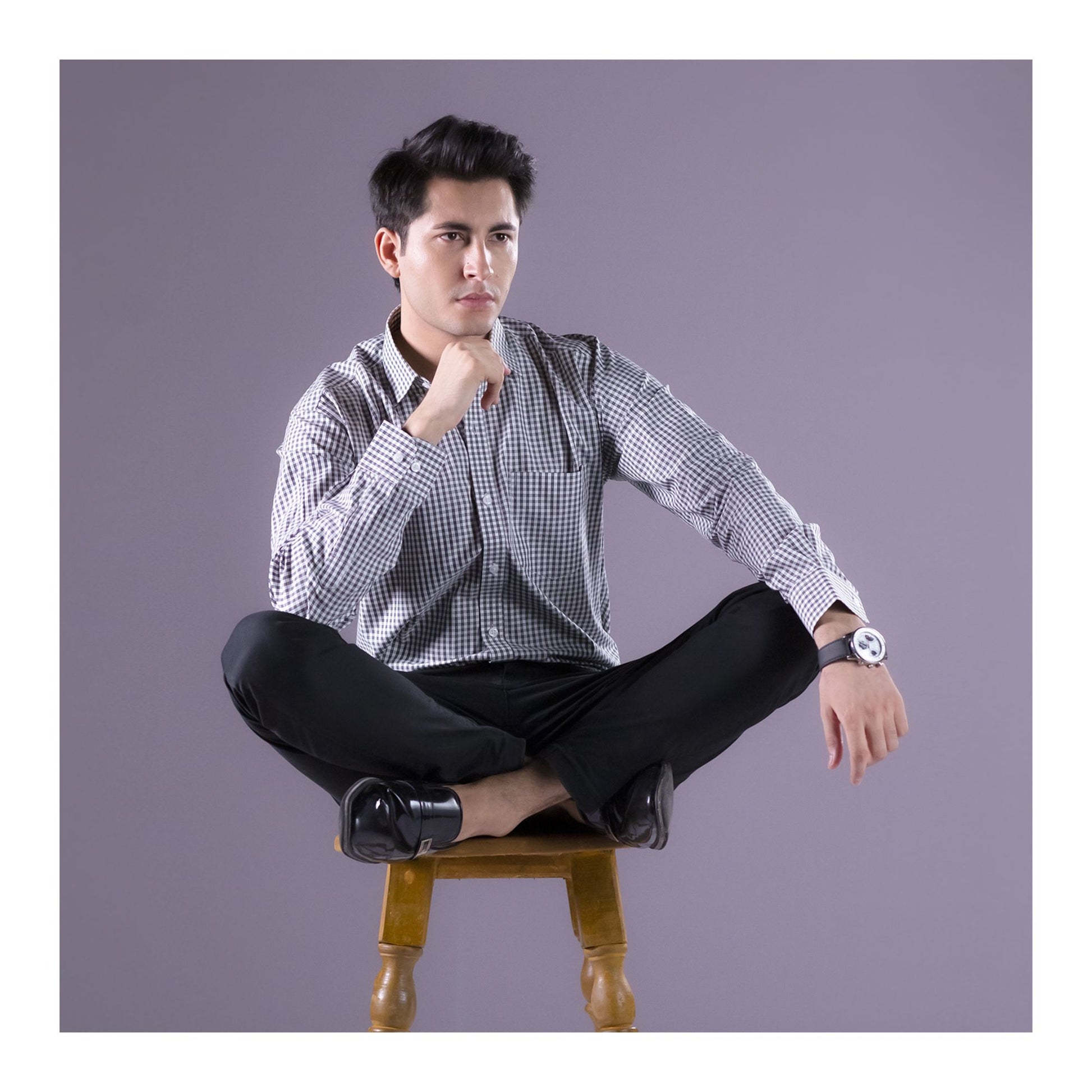 Basix Men's Check Shirt, Black &amp; White, MFS-107