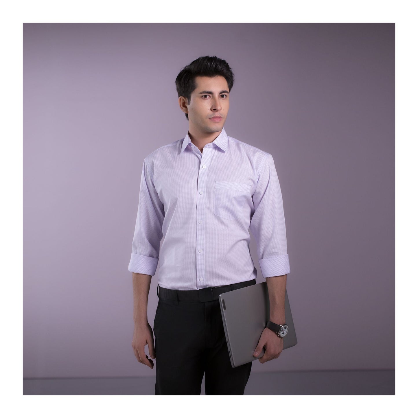 Basix Men's Miniature Check Shirt  Lavender White  MFS-108