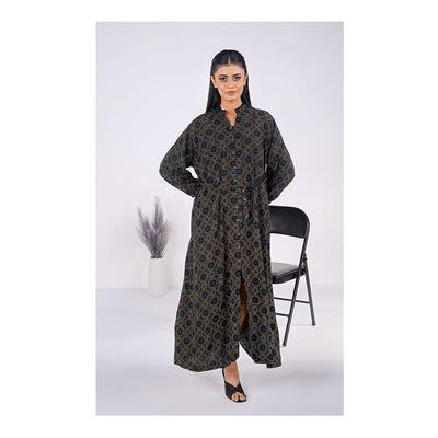 Basix Womens Black Turquoise Ring Pattern Long A-Line Frock With Belt, EW-107