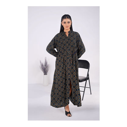 Basix Womens Black Turquoise Ring Pattern Long A-Line Frock With Belt, EW-107