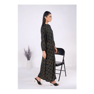 Basix Womens Black Turquoise Ring Pattern Long A-Line Frock With Belt, EW-107