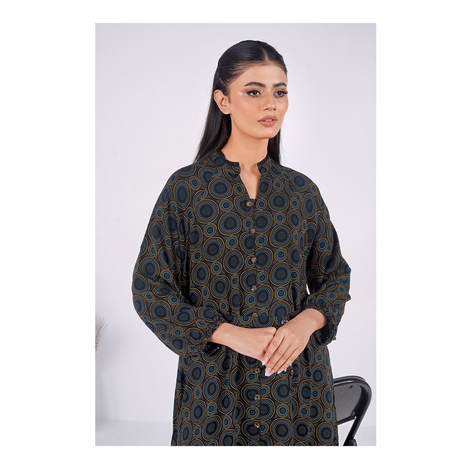 Basix Womens Black Turquoise Ring Pattern Long A-Line Frock With Belt, EW-107