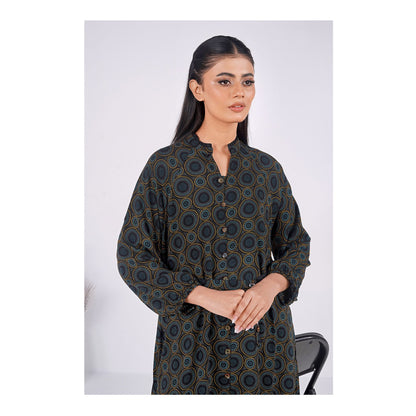 Basix Womens Black Turquoise Ring Pattern Long A-Line Frock With Belt, EW-107